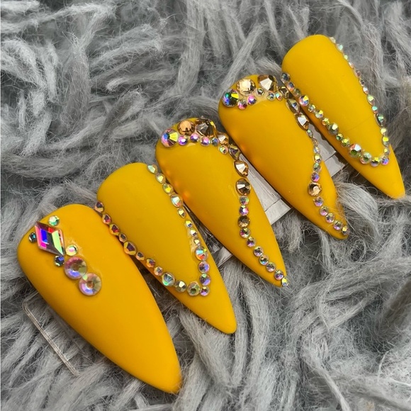Long stiletto yellow press on nails rhinestones matte handmade custom gel